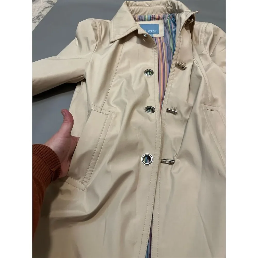 Nine West Women's Beige Trench Coat Size‎ Small Long Button-Up Casual
